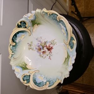 RS Prussia Porcelain Bowl Buff & Teal Rim Mold Poppies Floral Deco Art Nouveau